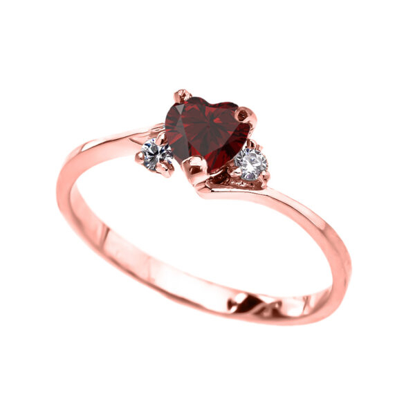 Dainty Rose Gold Garnet Heart And C.Z Promise Ring