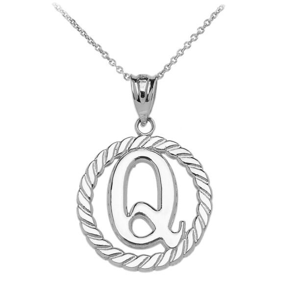 White Gold "Q" Initial In Rope Circle Pendant Necklace