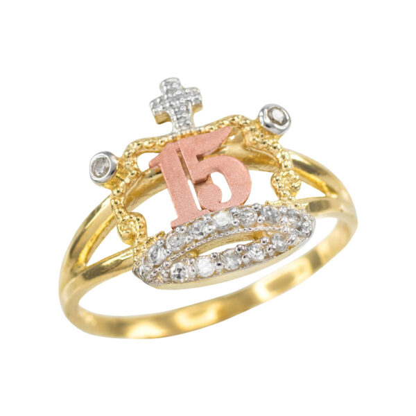 Tri-Tone Gold Quinceanera 15 Anos Cz Crown Ring