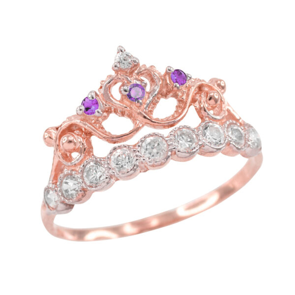 Purple Cz Rose Gold Crown Ring