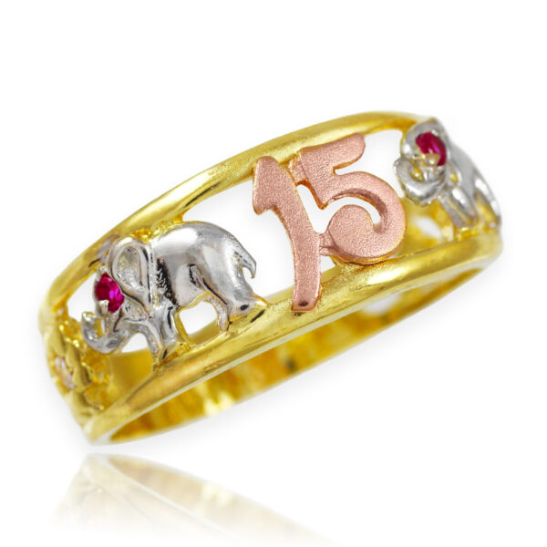 Tri-Tone Gold "15 Anos" Quinceanera Cz Ring With Elephants