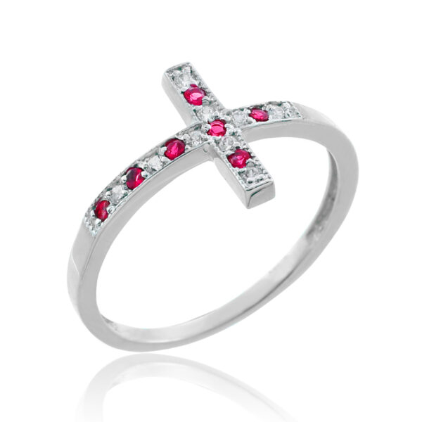 White Gold Sideways Cross Red Zirconia Ring