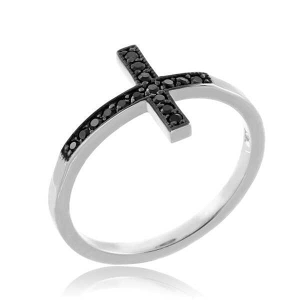Sterling Silver Black Cz Sideways Cross Ring