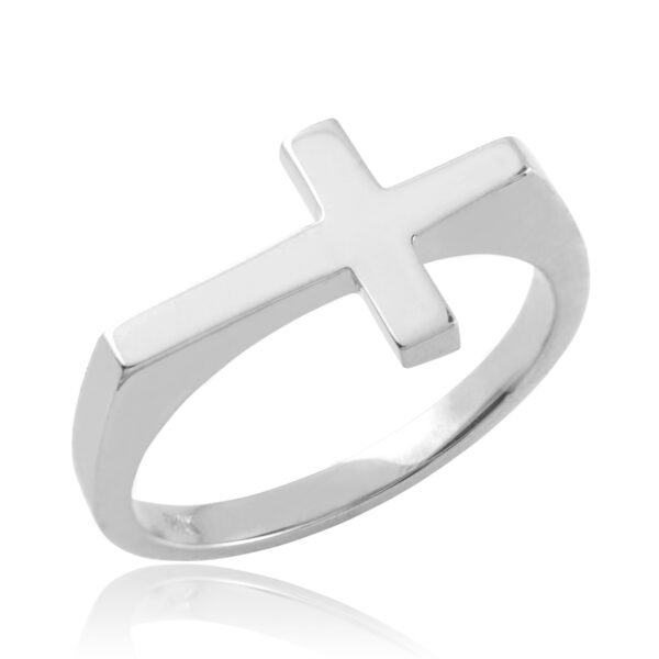 Polished White Gold Flat Top Sideways Cross Ring