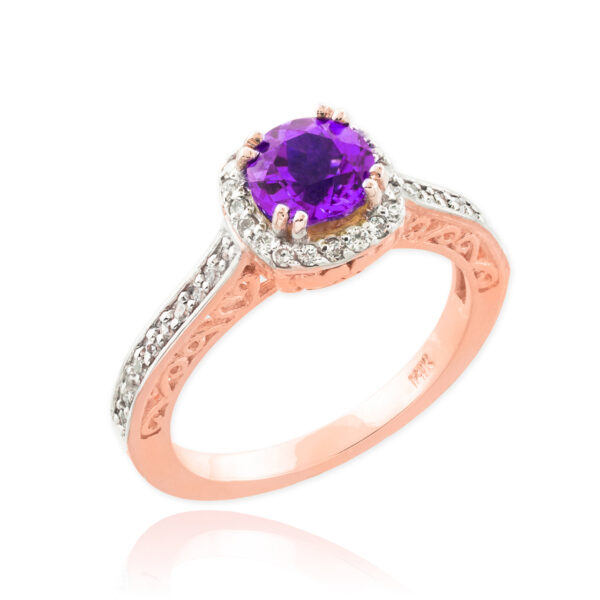 Rose Gold Amethyst Solitaire Halo Diamond Pave Engagement Ring