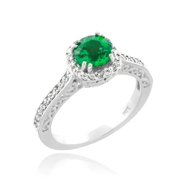 White Gold Halo Pave Diamond Emerald Engagement Ring