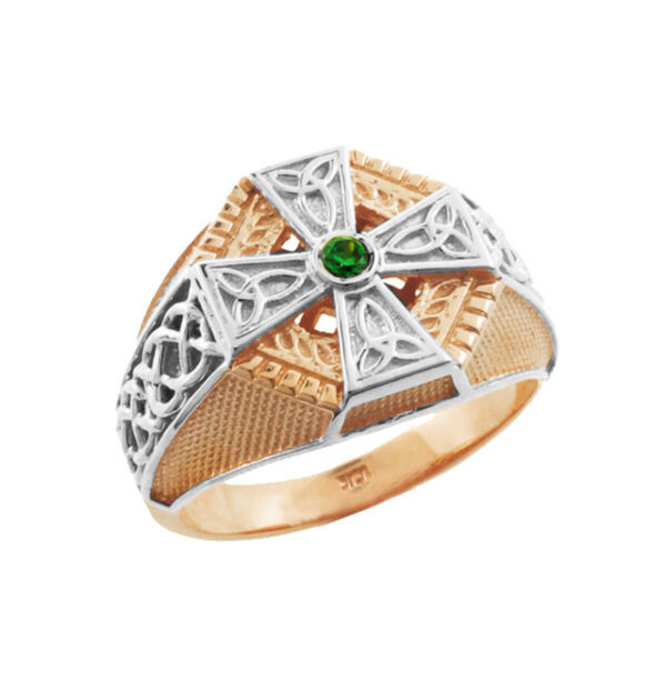 Two-Tone Rose Gold Celtic Cross Green Cz Mens Emerald Ring