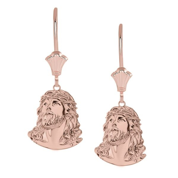 Jesus Christ Head Leverback Earrings In 14K Rose Gold