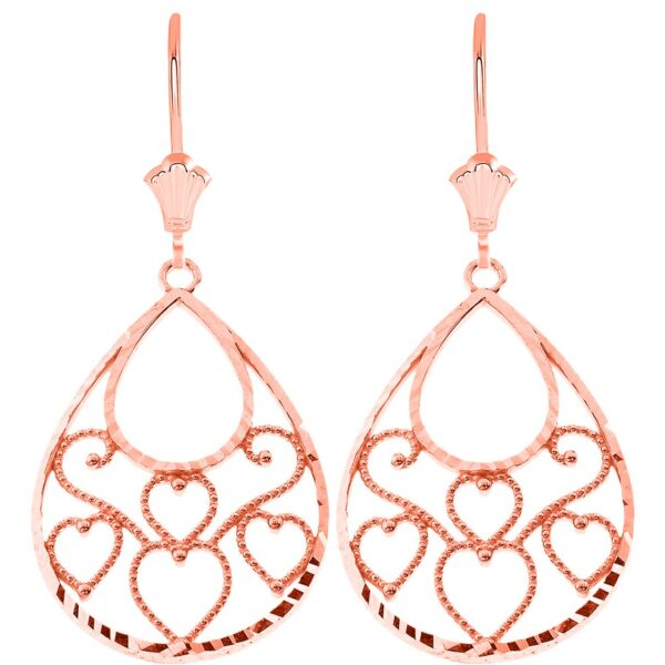 Filigree Diamond Cut Teardrop Hearts Leverback Earrings In 14K Rose Gold