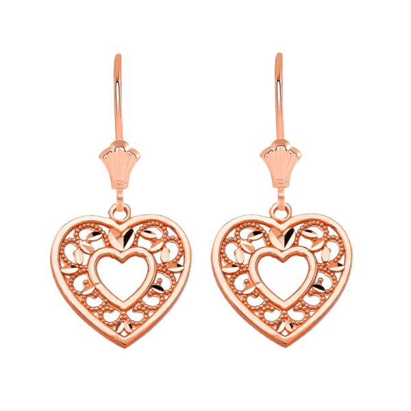 Textured Filigree Heart Leverback Earrings In 14K Solid Rose Gold