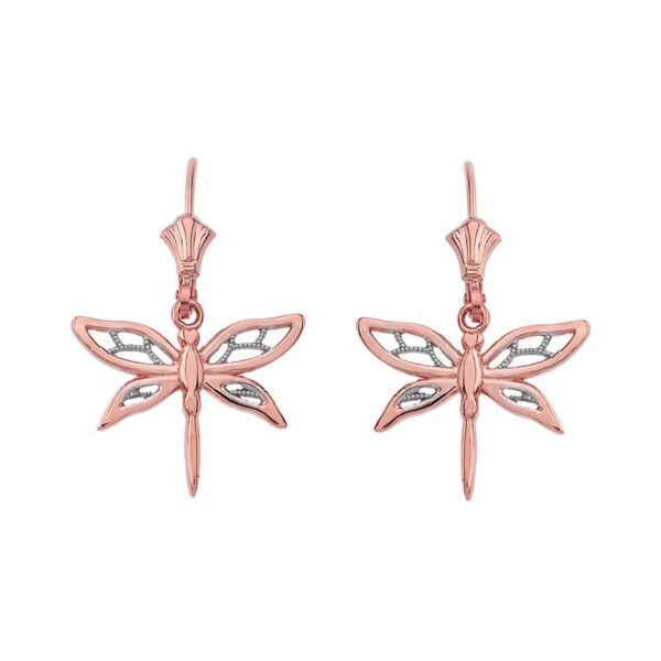 Adorable Dragonfly Two-Tone Leverback Earrings 14K In Rose Gold