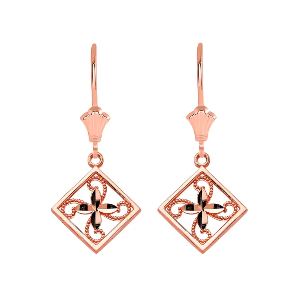 Charming Filigree Flower Leverback Earrings In 14K Solid Rose Gold