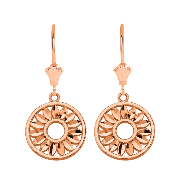 Bohemian Leaves Leverback Earrings In 14K Solid Rose Gold