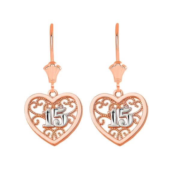 Two-Tone Filigree Heart Quinceanera Leverback Earrings In 14K Solid Rose Gold