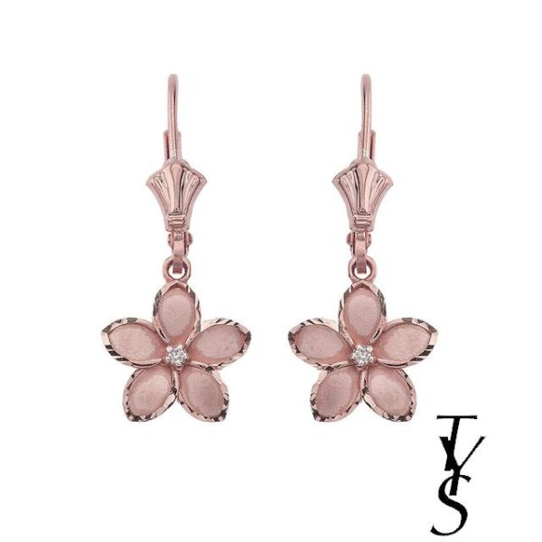 Medium Plumeria Flower Diamond Leverback Earrings 14K In Rose Gold (1.04")