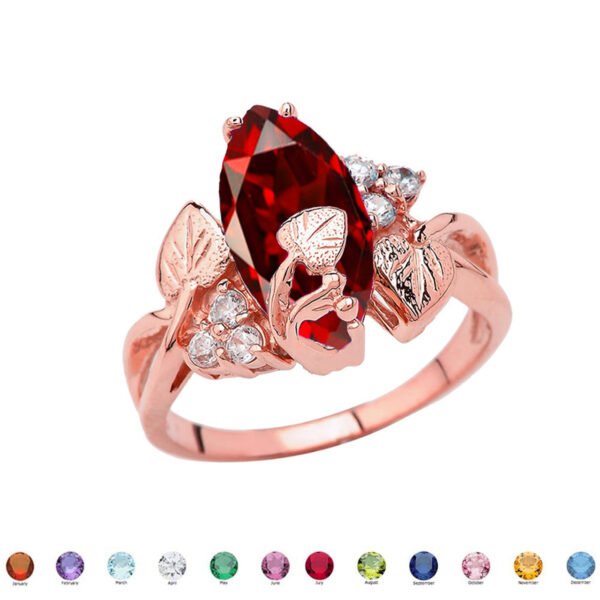Beautiful Floral Personalized (Lc) Birthstone Marquise Ring In 10k Rose Gold