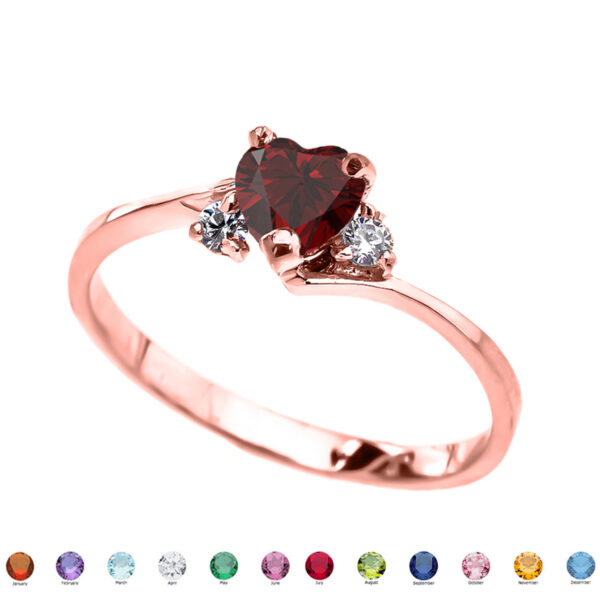 10k Rose Gold Birthstone And C.Z Heart Promise Ring (12 Birthstones)