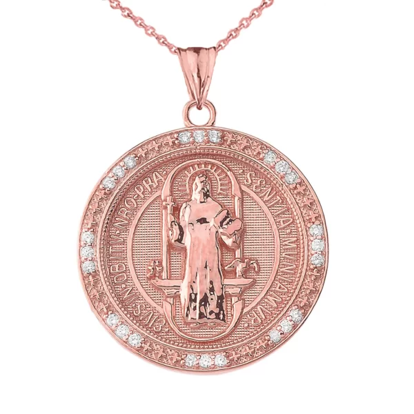 Two Sided Saint Benedict Medallion Pendant Necklace In Rose Gold - Image 2