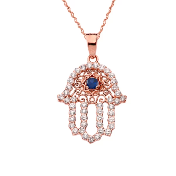 Chic Blue Sapphire Hamsa Pendant Necklace In Rose Gold
