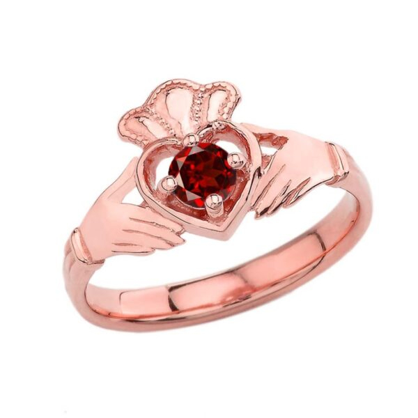 January Birthstone Claddagh With Crown Ring In Rose Gold