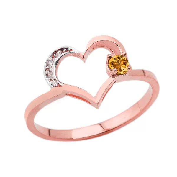 November Birthstone Citrine And Diamond Heart Ring In Rose Gold