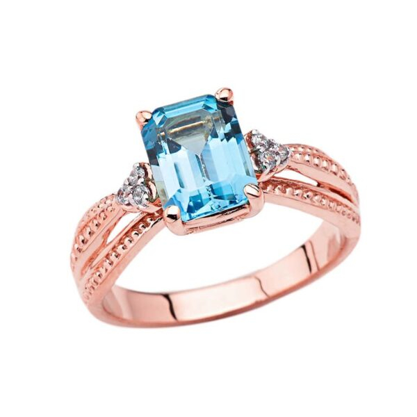 Diamond And Blue Topaz Emerald Cut Engagement Ring In Rose Gold