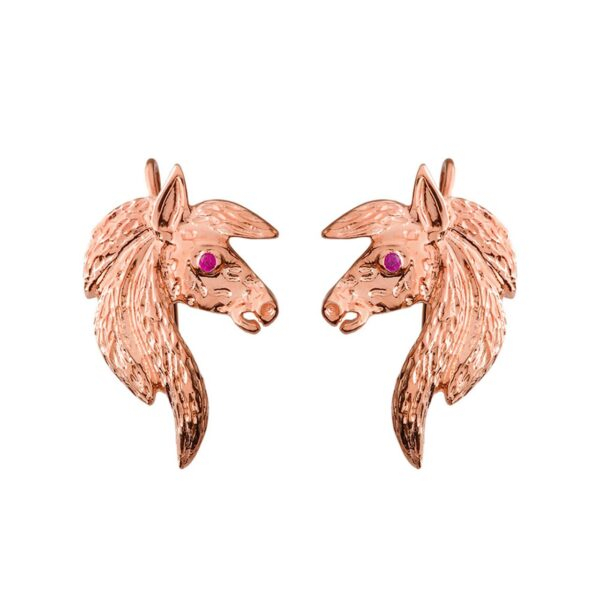 Exquisite Ruby Eyed Horse Earrings In Rose Gold