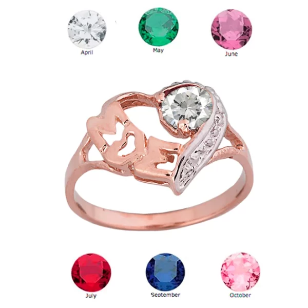 Rose Gold Personalized "Mom" Solitaire Open Heart Ring With Cz Birthstone