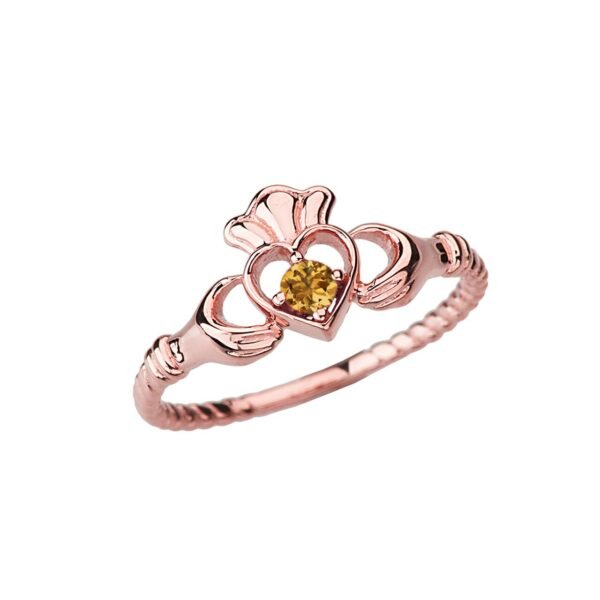 Rose Gold Genuine Citrine Solitaire & Promise Open Heart Rope Claddagh Ring
