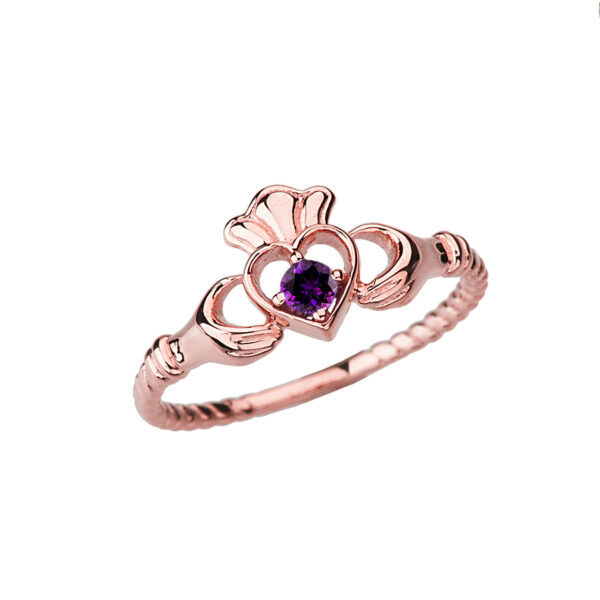 Rose Gold Genuine Amethyst Solitaire Promise Open Heart Rope Claddagh Ring