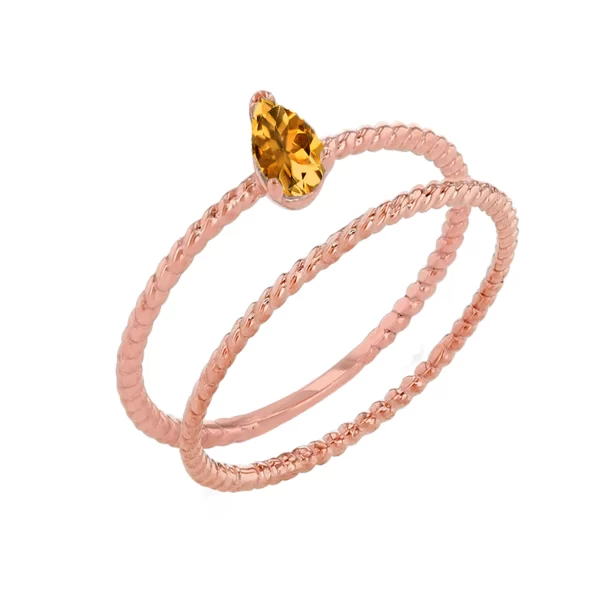 Modern Dainty Genuine Citrine Pear Shape Rope Ring Stacking Set In Rose Gold