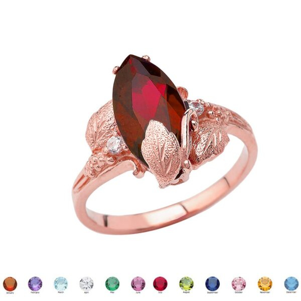 Personalized (Lc) Birthstone Marquise Leaf Ring In 14k Rose Gold