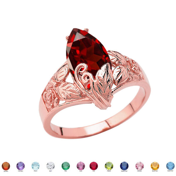 Filigree Floral Personalized (Lc) Birthstone Marquise Ring In 10k Rose Gold