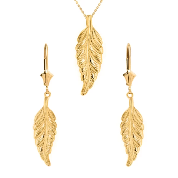 14k Solid Yellow Gold Bohemia Boho Feather Pendant Earring Set