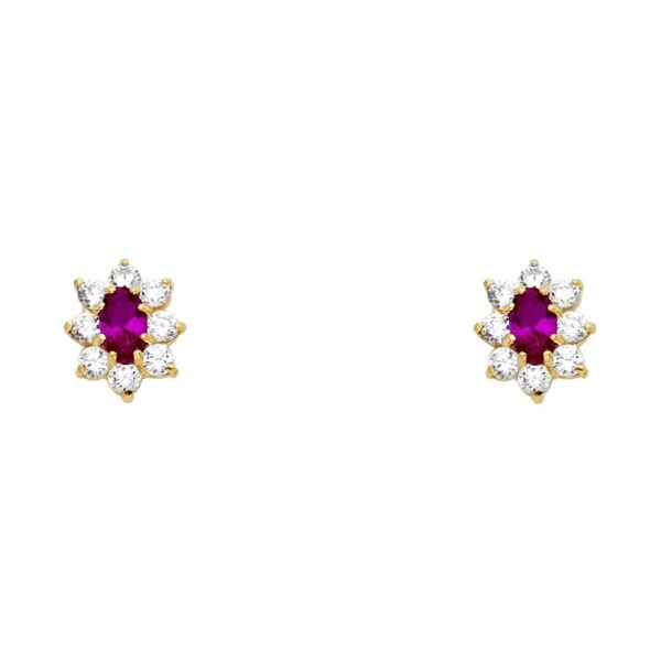 14KY Oval Flower Red CZ Stud Earrings w/Screw