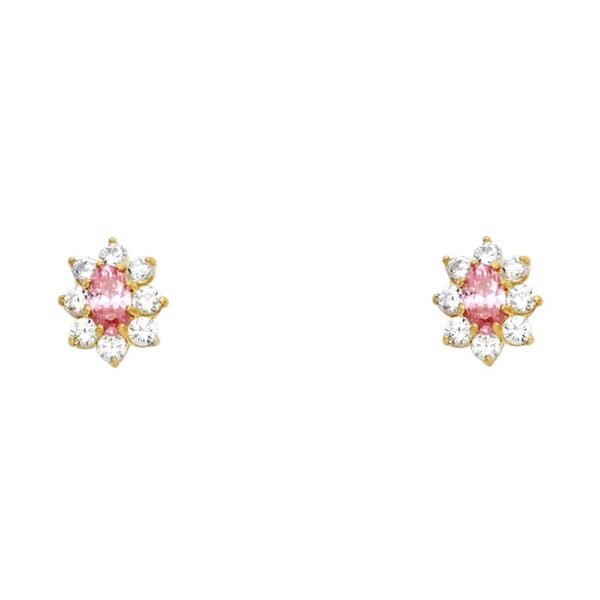 14KY Oval Flower Pink CZ Stud Earrings w/Screw