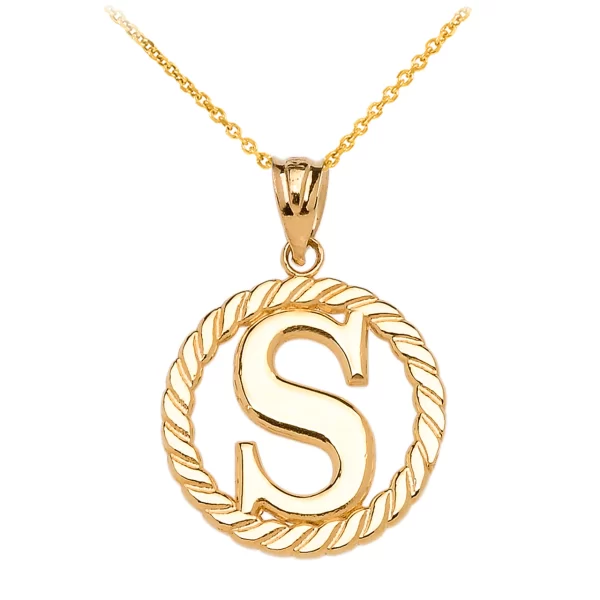 Yellow Gold "S" Initial In Rope Circle Pendant Necklace