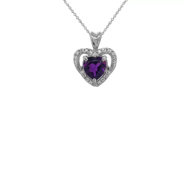 Solitaire Amethyst And Diamond Heart Charm Pendant Necklace In Sterling Silver
