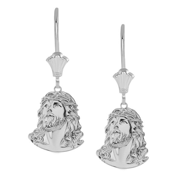 Jesus Christ Head Leverback Earrings In 14K White Gold