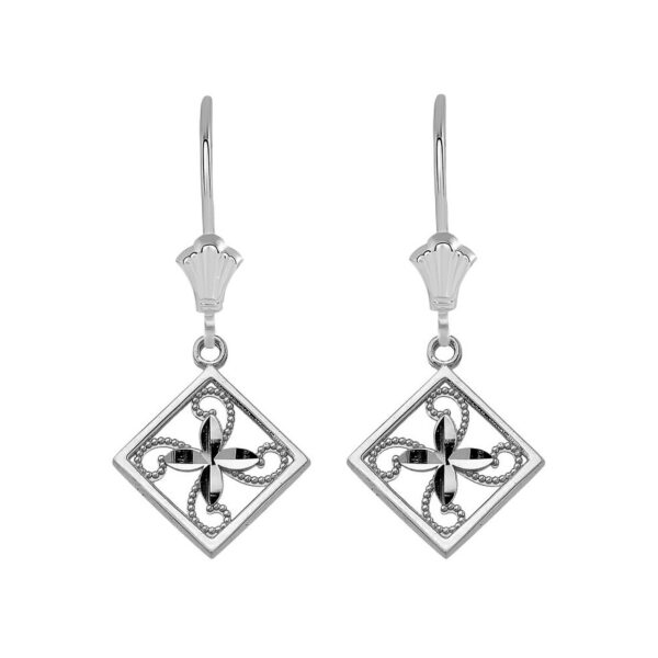 Charming Filigree Flower Leverback Earrings In 14K Solid White Gold