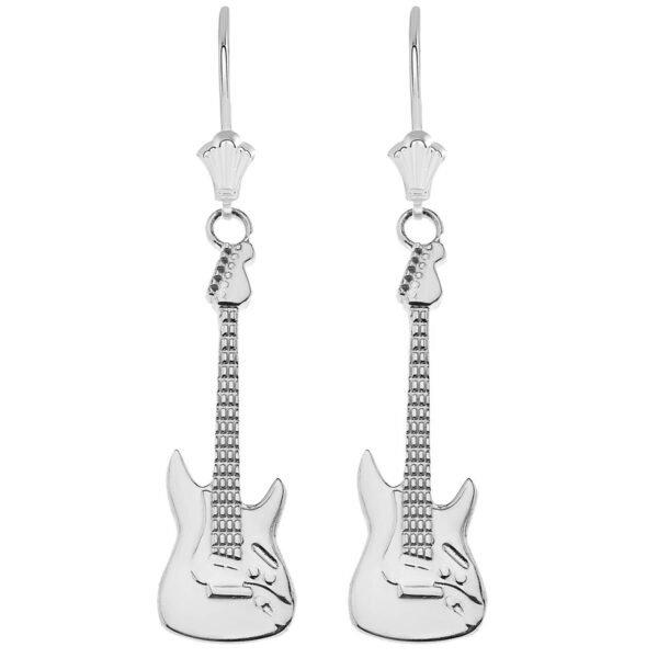 Electric Rockstar Band Guitar Leverback Earrings In 14K White Gold