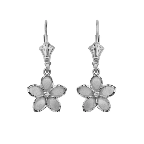 Medium Plumeria Flower Diamond Leverback Earrings 14K In White Gold (1.04")