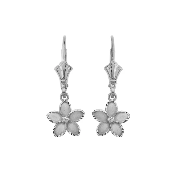 Small Plumeria Flower Diamond Leverback Earrings In 14K White Gold (0.95")