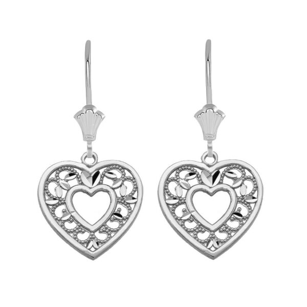 Textured Filigree Heart Leverback Earrings In 14K Solid White Gold