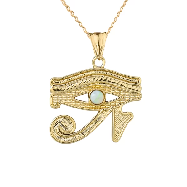 Eye Of Horus (Ra) With Opal Center Stone Pendant Necklace In Yellow Gold