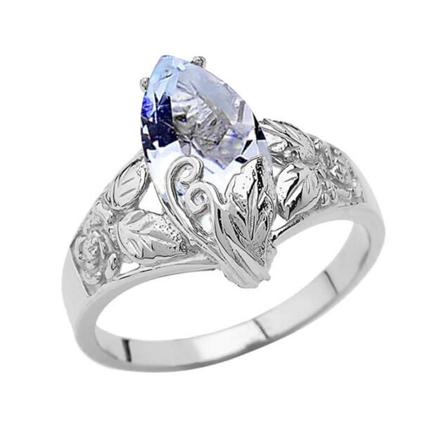 Filigree Floral Personalized (Lc) Birthstone Marquise Ring In 14k White Gold - Image 3
