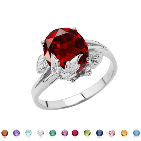 Personalized (Lc) Birthstone Oval Floral Ladies Ring In 14k White Gold