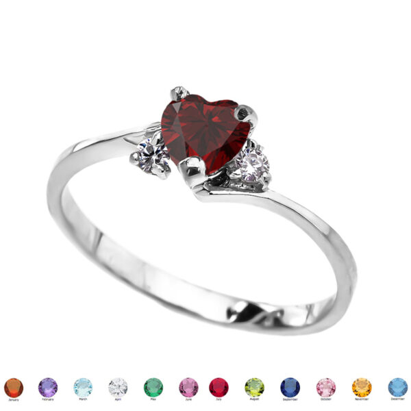 10k White Gold Birthstone And C.Z Heart Promise Ring (12 Birthstones)