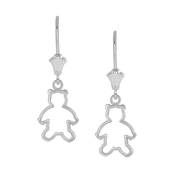 Dainty Teddy Bear Leverback Earrings In 14K White Gold