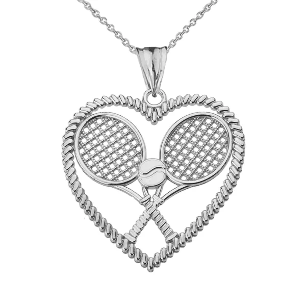 Solid Gold Detailed Tennis Rackets in Heart Pendant Necklace White Gold